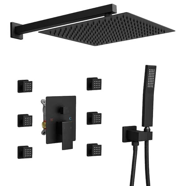 BWE 3-Spray Single Handle Wall Mount 12 in. Shower Faucet Shower Head 2.5 GPM with High-Pressure 6-Jets in. Matte Black