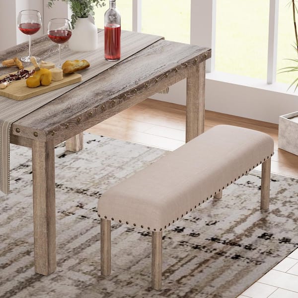 Rustic Beige 47" Fabric Upholstered Wood Dining Benches Entryway Bedroom Bench with Nailhead Trim