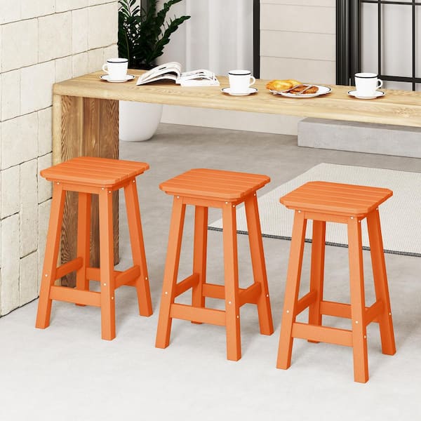 Laguna 24 in. (Set of 3) HDPE Plastic All Weather Square Seat Backless Counter Height Outdoor Bar Stool in Orange