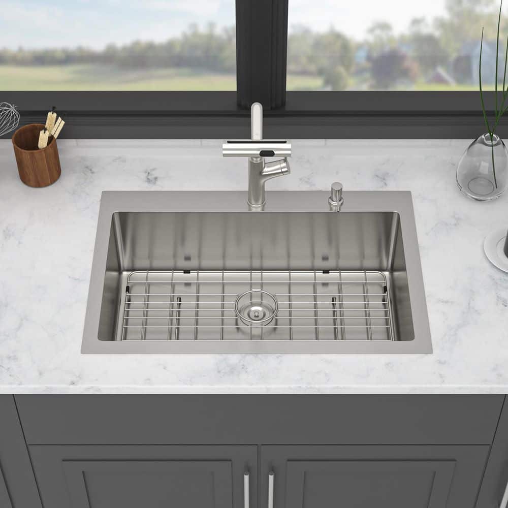 33 in. Drop-In Single Bowl 16 Gauge Brushed Nickel Stainless Steel Kitchen Sink with Faucet and Soap Dispenser price history on PriceWatchPro