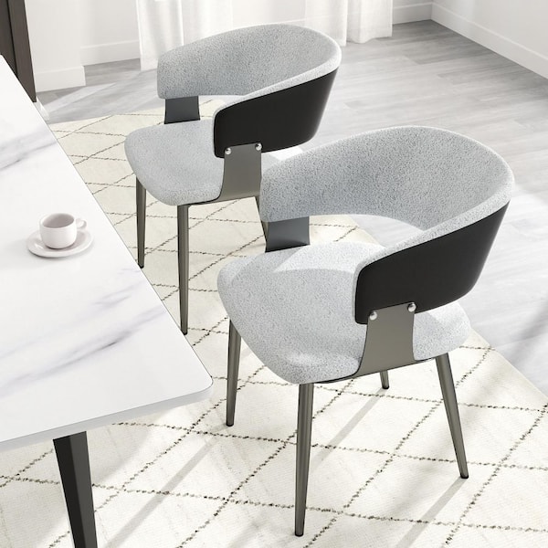 Set of 2 Modern Dining Chairs Teddy Fleece and PU Leather Upholstered Seat Curved Open Back in White