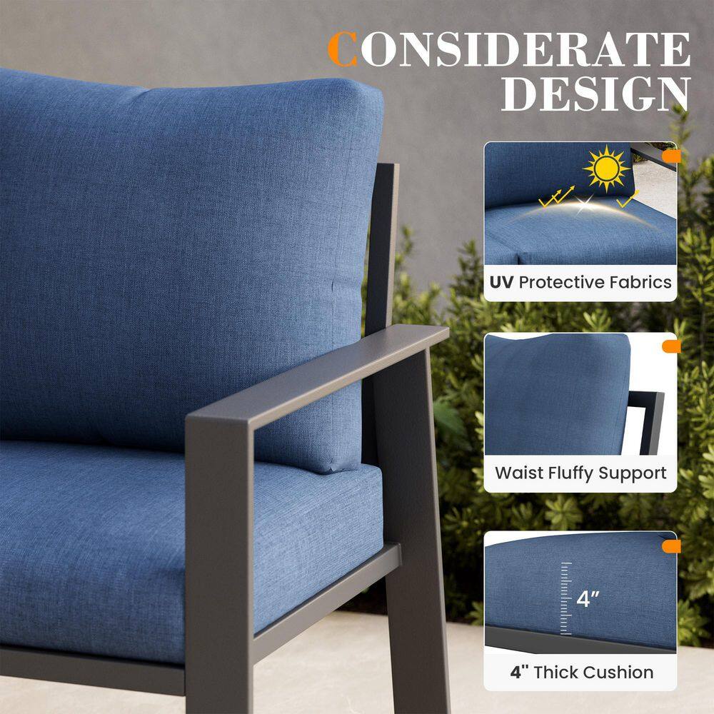Close-up of the navy blue cushion and dark grey aluminum frame.