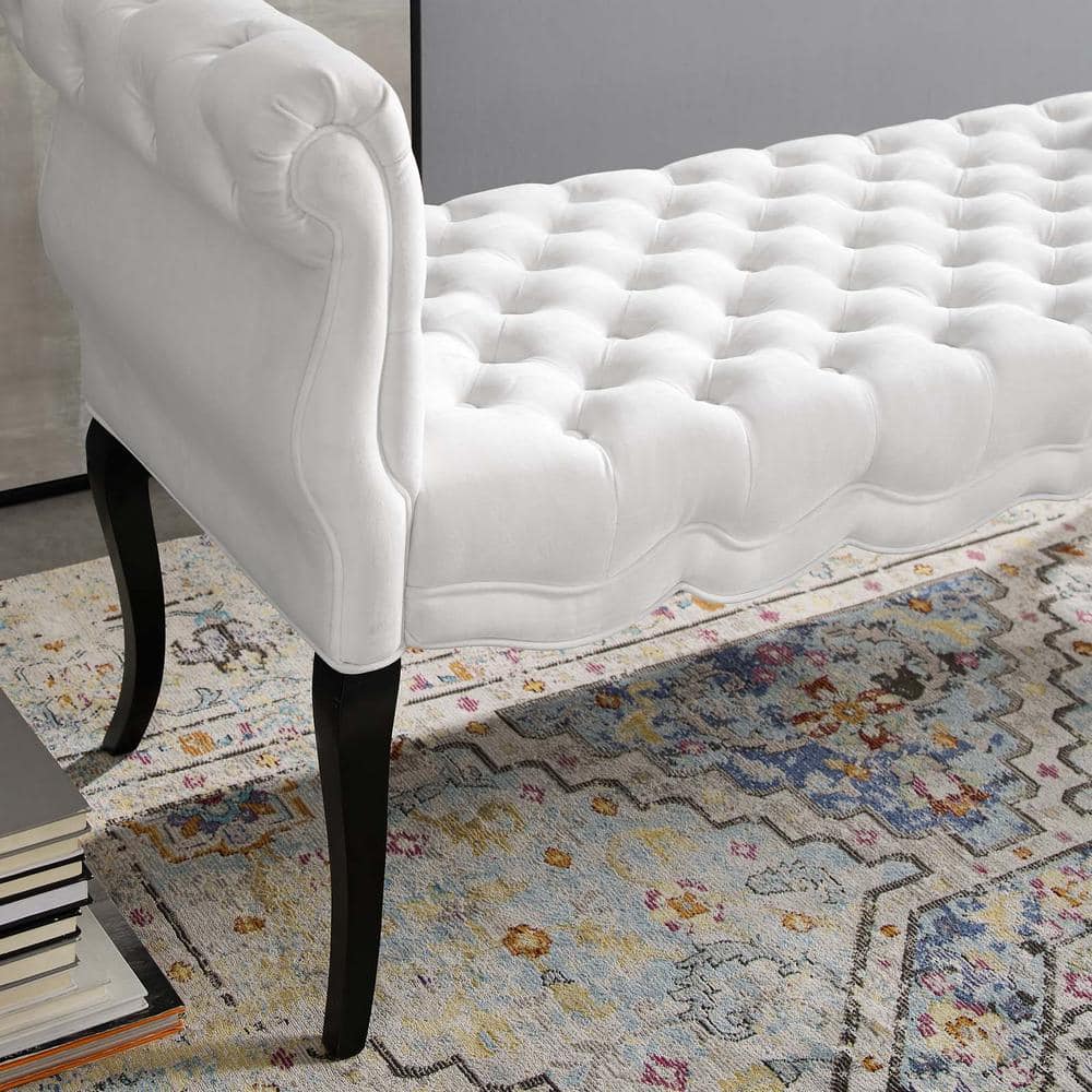 Elegant Adelia Performance Velvet Tufted Bench with Wenge Wood Legs - White