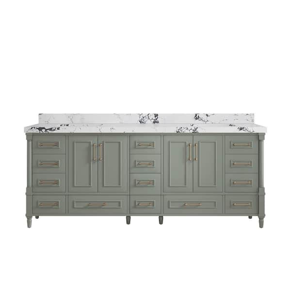 Willow Collections Hudson 84 in. W x 22 in. D x 36 in. H Double Sink Bath Vanity in Evergreen with 2 in. Viola Night Quartz Top