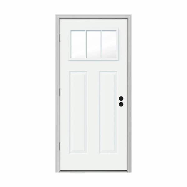 JELD-WEN 30 in. x 80 in. 3 Lite Craftsman White Painted Steel Prehung Right-Hand Outswing Front Door w/Brickmould