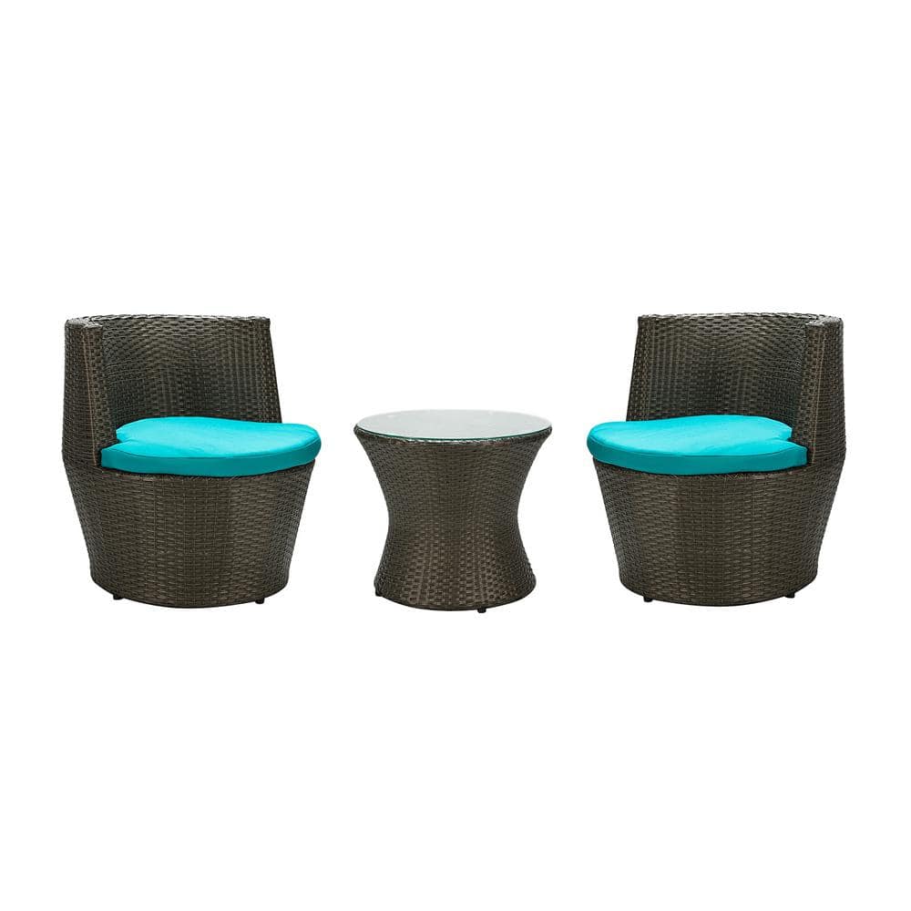3-Piece Wicker Outdoor Bistro Set with Blue Cushions Outdoor Patio Bistro f