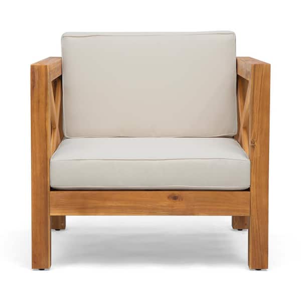 Brava Teak Brown Removable Cushions Wood Outdoor Patio Lounge Chair with Beige Cushions