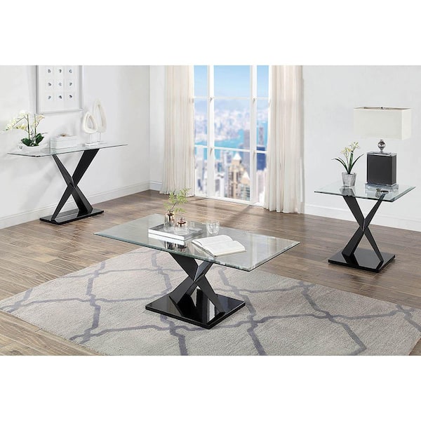 Furniture of America Cometa 3-Piece 48 in. Black Rectangle Glass Coffee Table Set