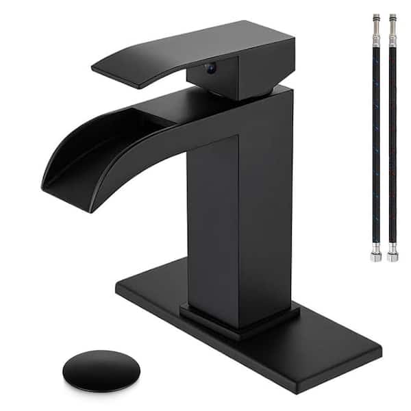 Single Handle Waterfall Vessel Sink Faucet for 1or 4 in. 3 Hole, with Deck Plate and Pop up Drain, Matte Black