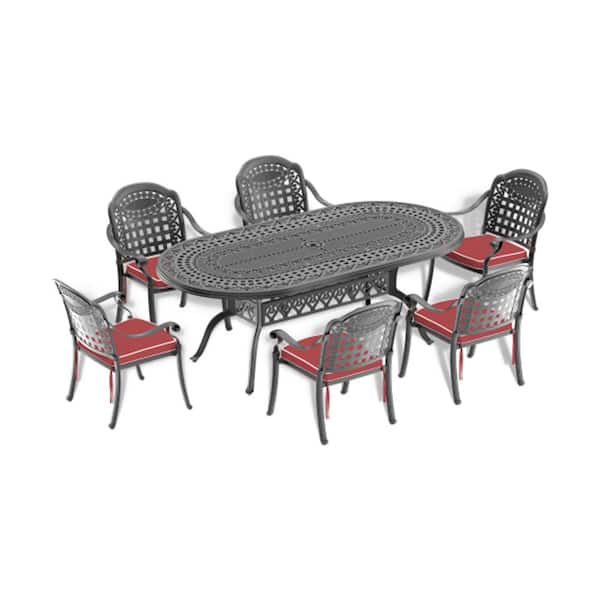 Misopily 7-Piece Cast Aluminum Black Outdoor Dining Set with Random Colors Cushions and Umbrella Hole