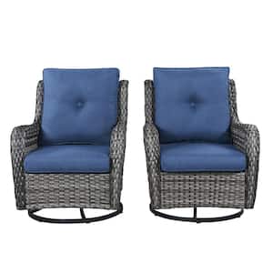 Outdoor Swivel Gray Wicker Outdoor Rocking Chair with CushionGuard Blue Cushions Patio (Set 2-Pack)