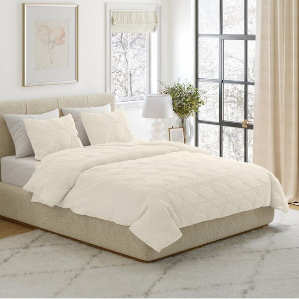 3PC King Quilt Set with Shams, Medium Weight Bed Set for All Seasons, Ultra Soft Luxury Cotton Velvet Quilt, Cream