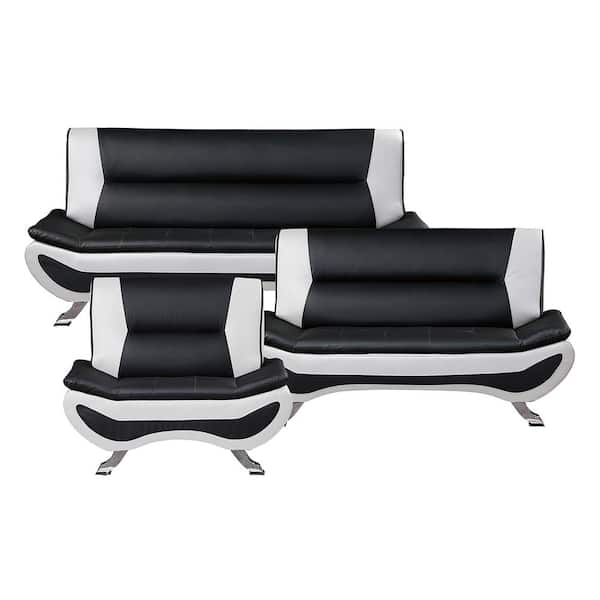 Lazzara Emerson 77.5 in. W. Armless Faux Leather Rectangle 3-Piece Living Room Sofa Set in Black and White