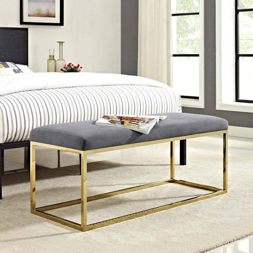 Elegant 43.5'' Gold and Gray Velvet Bedroom Bench with Stainless Steel Base