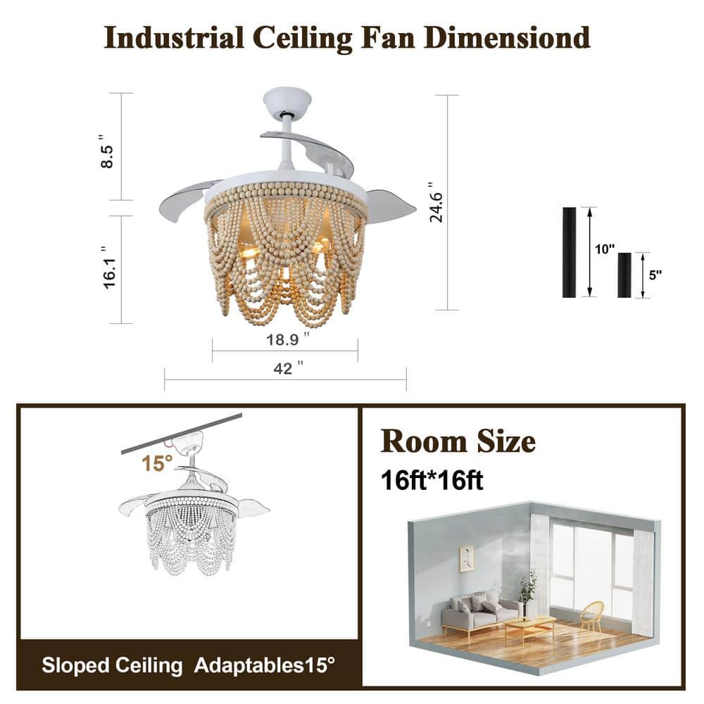 Jenne 42" White Bohemian Ceiling Fan with Beaded Shade and Remote