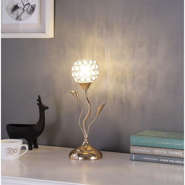 Borealis 14 in. Gold Rose Metal Modern Table Lamp with Acrylic Beads Shade