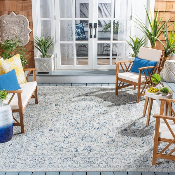 Courtyard Gray/Navy 8 ft. x 8 ft. Border Floral Scroll Indoor/Outdoor Patio  Square Area Rug