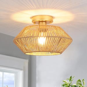 Semiko 12.6 in. 1-Light Gold Modern Hand-Woven Rattan Caged Semi Flush Mount Ceiling Light With Shade