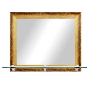 21.5 in x 25.5 in Rectangular Framed Gold/Bronze Horizontal Wall Mirror with Tempered Glass Shelf and Chrome Brackets