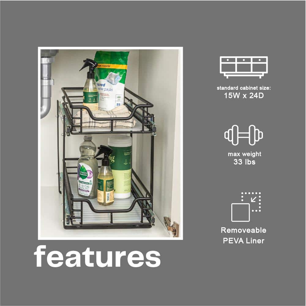 Black Steel 2-Tier Under Sink Storage Organizer with Plastic Liners