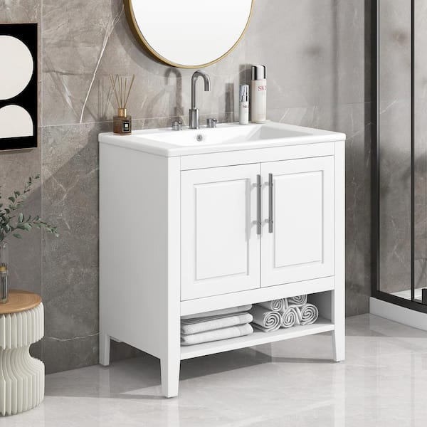 Staykiwi 30 in. W x 18.3 in. D x 33 in. H Single Sink Freestanding Bath Vanity in White with White Ceramic Top