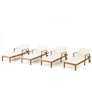 Teak Brown 4-Piece Wood Outdoor Chaise Lounge Set with Beige Cushions
