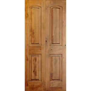 30 in. x 80 in. Rustic Knotty Alder 2-Panel Arch Top with V-Grooves Solid Core Unfinished Wood Interior Bi-Fold Door