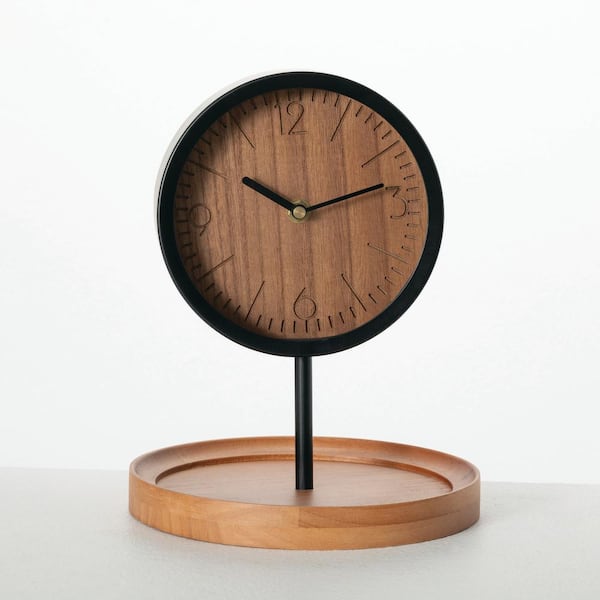 SULLIVANS 9.75 in. Brown Wood Pedestal Tabletop Analog Clock