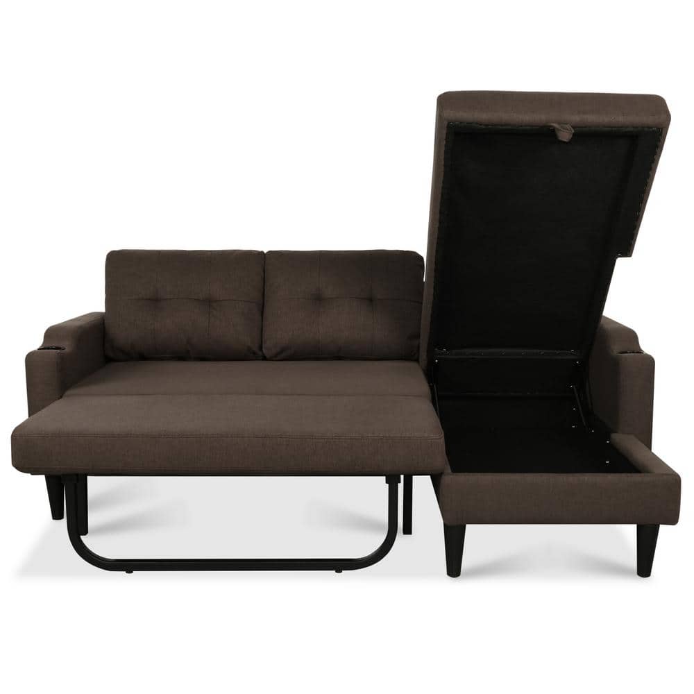 Brown Tufted Linen Fabric Sectional Sofa with Storage and Cup Holders