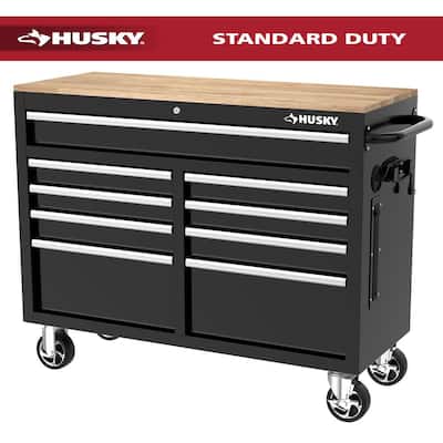 Tool Storage 46 in. W x 18 in. D 9-Drawer Mobile Workbench Cabinet in Gloss Black