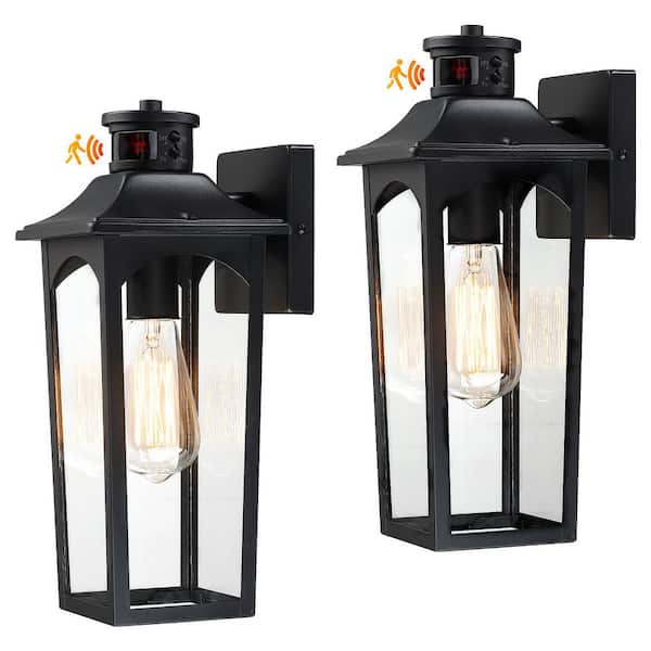 14.25 in. Black Motion Sensing Outdoor Hardwired Wall Lantern Scone Light with No Bulbs Included(2-Pack)