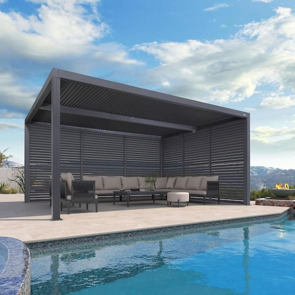 12 ft. x 16 ft. Gray Aluminum Louvered Pergola with 2 Individual Sunshade Roofs and 1-Long 1-Short Side Shutter Wall