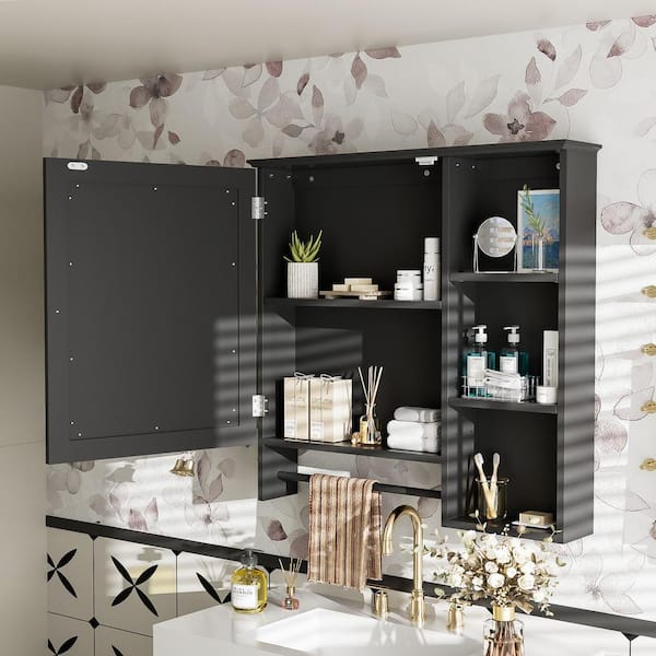 FAMYYT 29 in. W x 28 in. H Black Rectangular Surface Mount Medicine Cabinet with Mirror, Adjustable Shelves