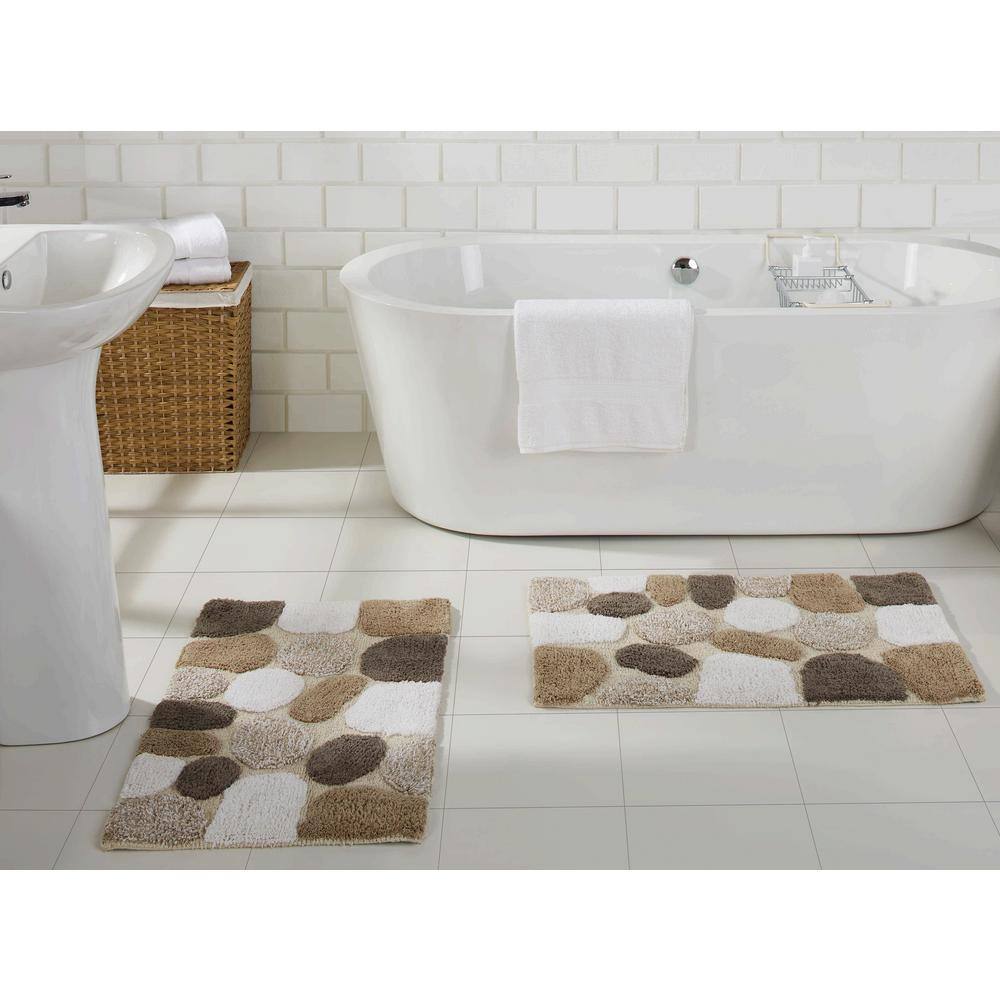 Pebble Pattern Beige and Brown Cotton Bath Rug Set