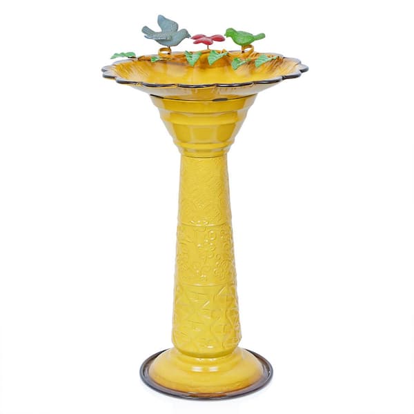 Alpine Corporation ORS112YL Vintage Metal Pedestal Birdbath with Stand Shallow BirdBath Bowl for Outside 28 in. H Yellow