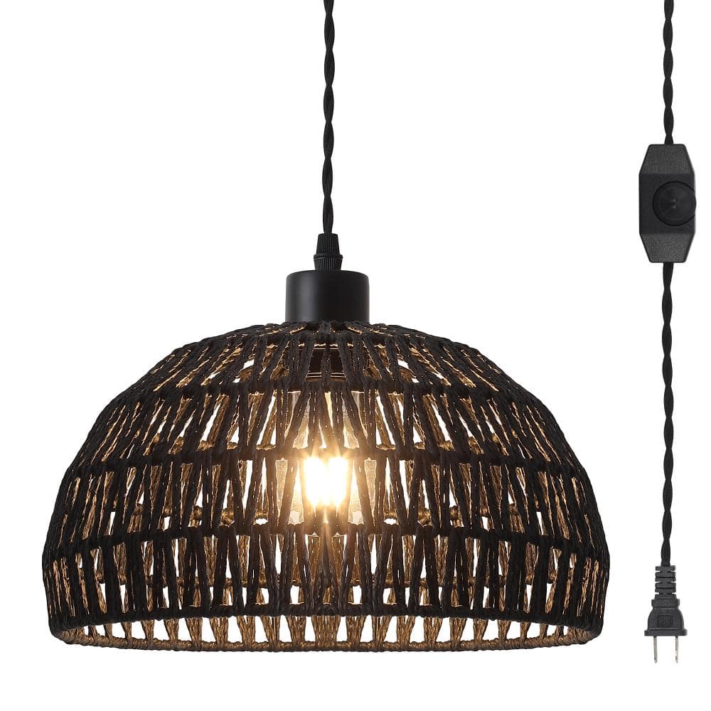 13.78in 1-Light Black Boho Rattan Dome Pendant with Plug in Cord for Living Room price history on PriceWatchPro