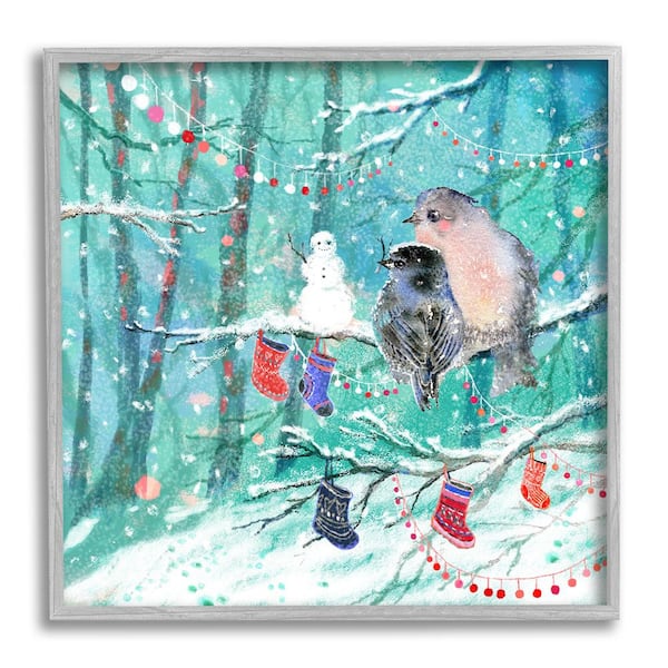 Stupell Industries Birds with Winter Stockings by Verbrugge Watercolor 1 Piece Framed Graphic Print Animal Poster Art Print 17 in. x 17 in.