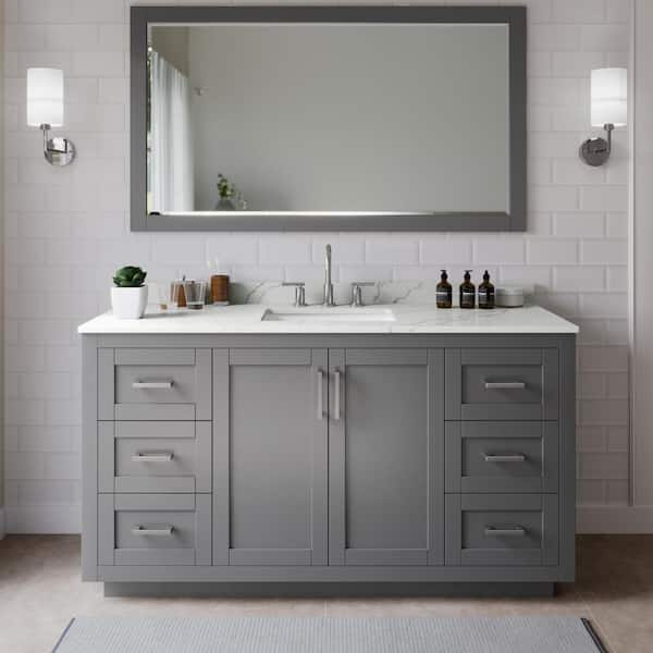 Wyndham Collection Miranda 66 in. W x 22 in. D x 33.75 in. H Single Bath Vanity in Dark Gray with Giotto Quartz Top and 58 in. Mirror