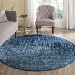 Retro Light Blue/Blue 6 ft. x 6 ft. Round Floral Distressed Area Rug