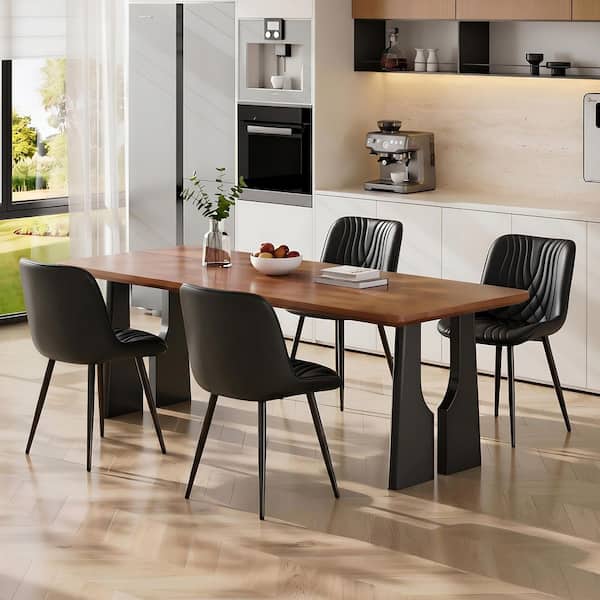 Dining Chairs Set of 4, Black Modern Faux Leather Kitchen Chairs with Wave Quilted Seat and Metal Legs, Easy Clean