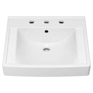 Decorum Vitreous China Wall-Hung Rectangle Vessel Sink with 8 in. Widespread Faucet Holes in White