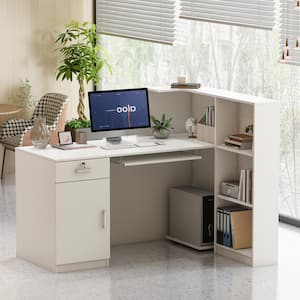 55.1 in. W -43.3 in. H White MDF L-Shaped Computer Desk with a Desktop 3-Storage Shelves 1-Drawer and 1-Cabinet