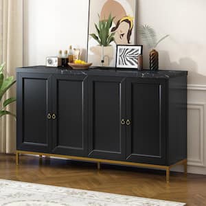 Black Faux Marble 59.3 in. Sideboard with Adjustable Shelves, Circular Metal Handles, Gold Metal Legs, Cable Holes