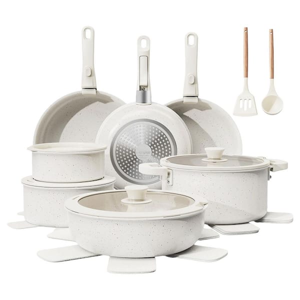 22-Piece White Ceramic Non-Stick Cookware Set with Removable Handles, Induction Compatible, Dishwasher Safe