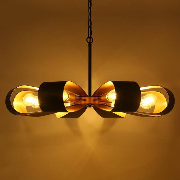 Modern Industrial 32.6 in. 8-Light Gold Round Chandeliers, Black Chandelier Lighting with Bow Petal Shade Living Room