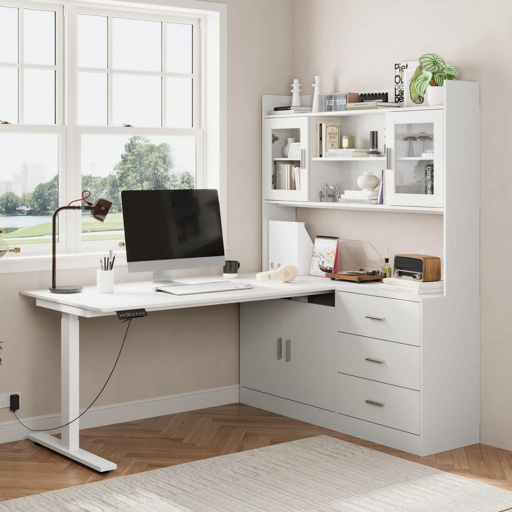 FUFU&GAGA 68.5 in. W L-Shaped White Wood 3-Drawer Electric