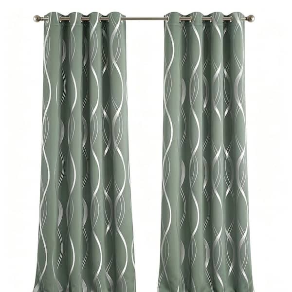 Greyish Green Polyester Striped 52 in. W x 84 in. L Grommet Blackout Curtain (Set of 2)