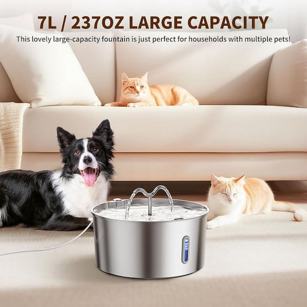 N/A 7 L Stainless Steel Automatic Cat Water Fountain Large Dog Dispenser with Filters Dual Function for Multiple Pets Indoor