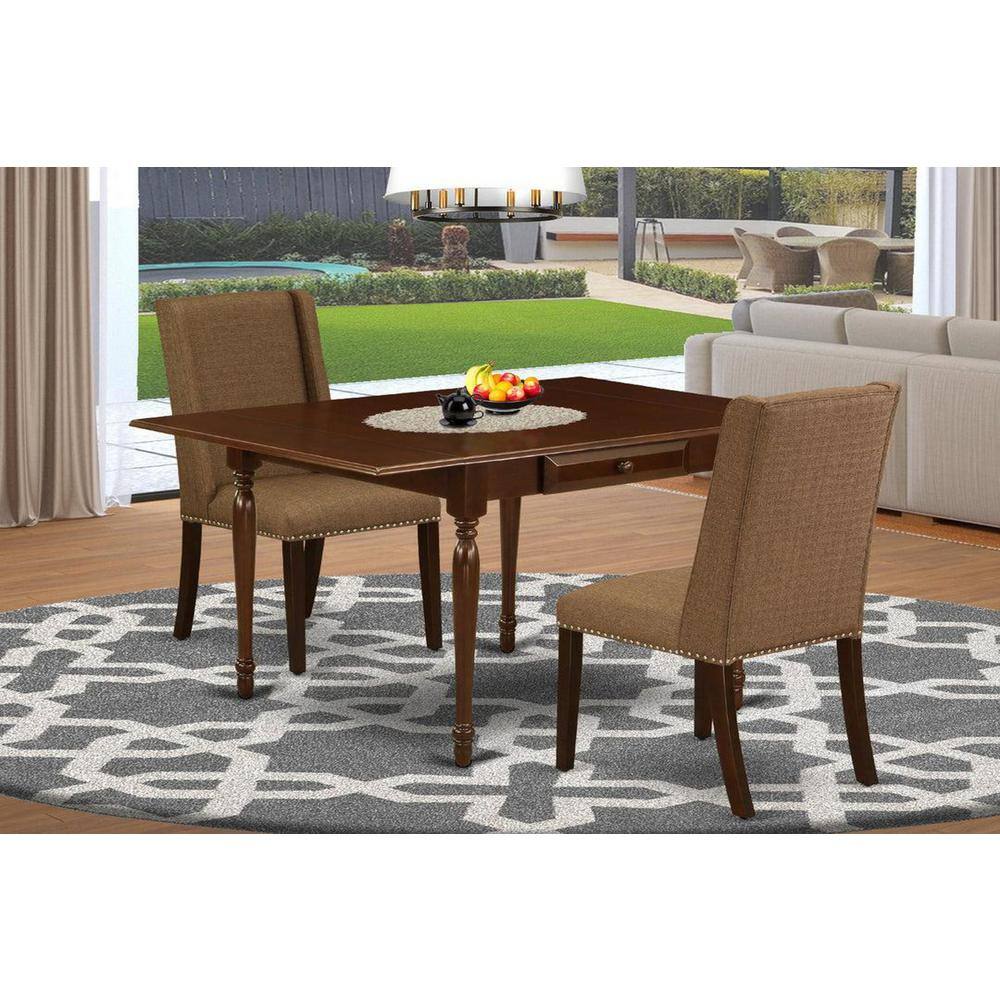 3-Piece Mahogany Finish Rectangular Solid Wood Top with Dropleaf Dining Table Set