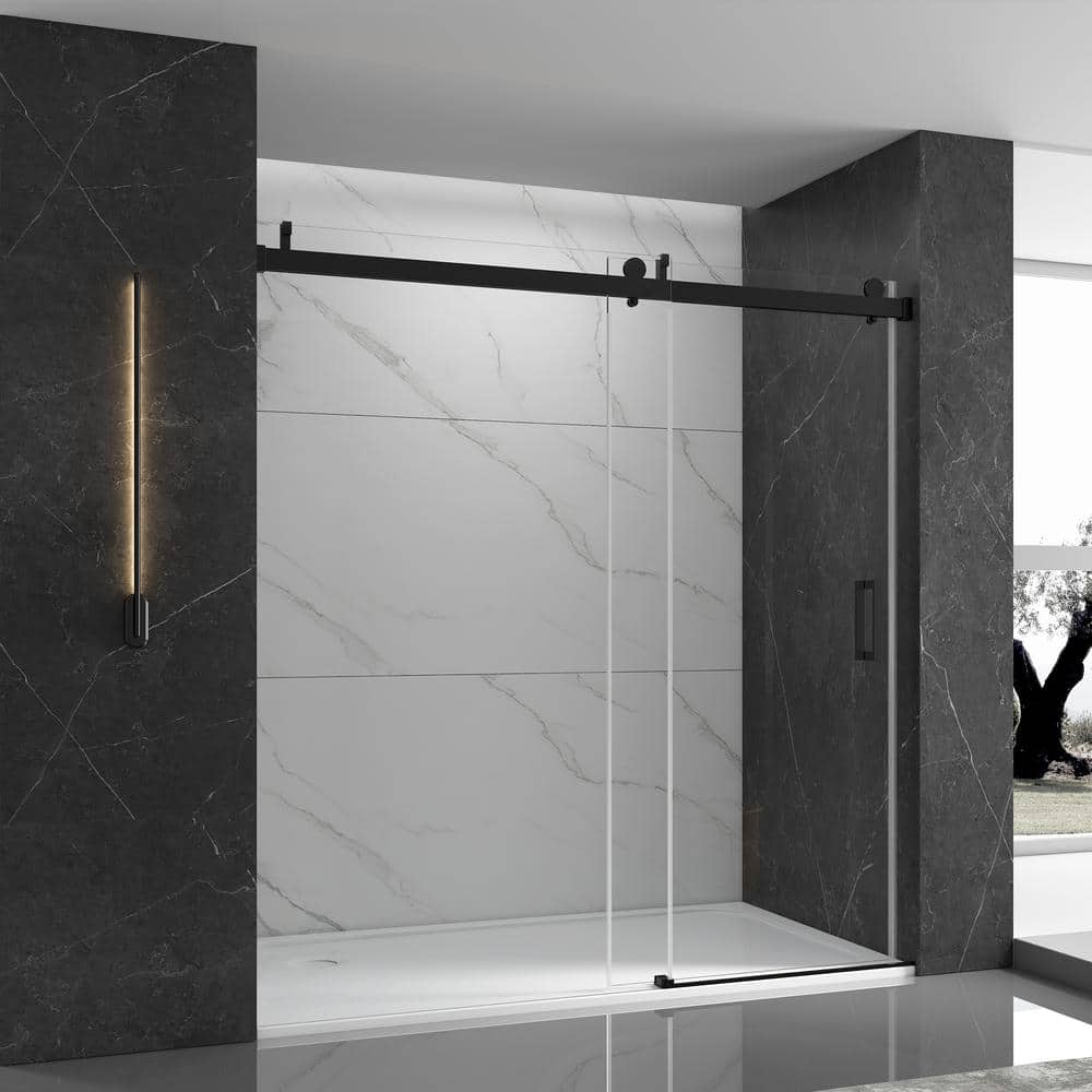 60 in. W x 76 in. H Single Sliding Frameless Shower Door in Matte Black Fin